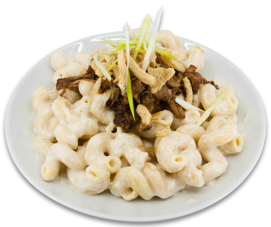 Macaroni au fromage de porc effiloché